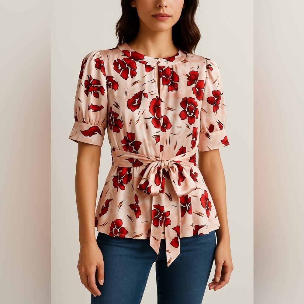 BCBGMaxAzria Pink Floral Tie-Waist Blouse with Red Print
